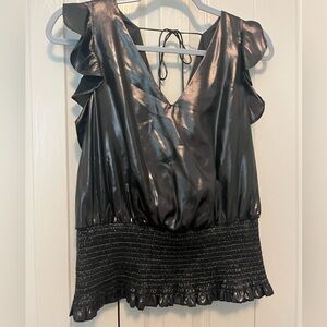 Metallic black shirt. Deep V neck front and back. Size L